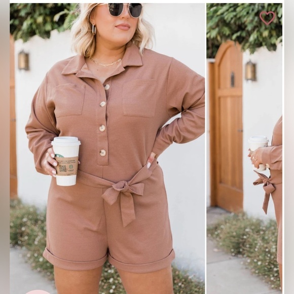 Pink Lily Pants - Pink Lily Doing My Own Thing Brown Collared Romper Size XL